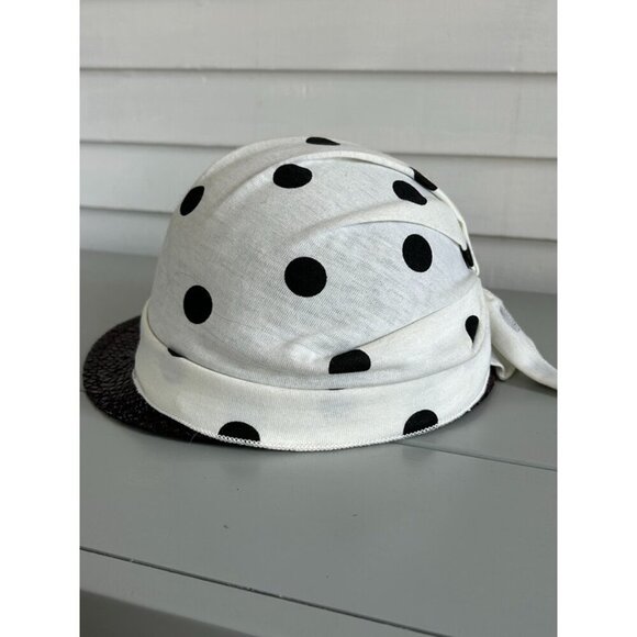Neiman Marcus Women's White Black Polka Dot Woven Straw Cap Hat with Scarf Bow - Picture 6 of 7